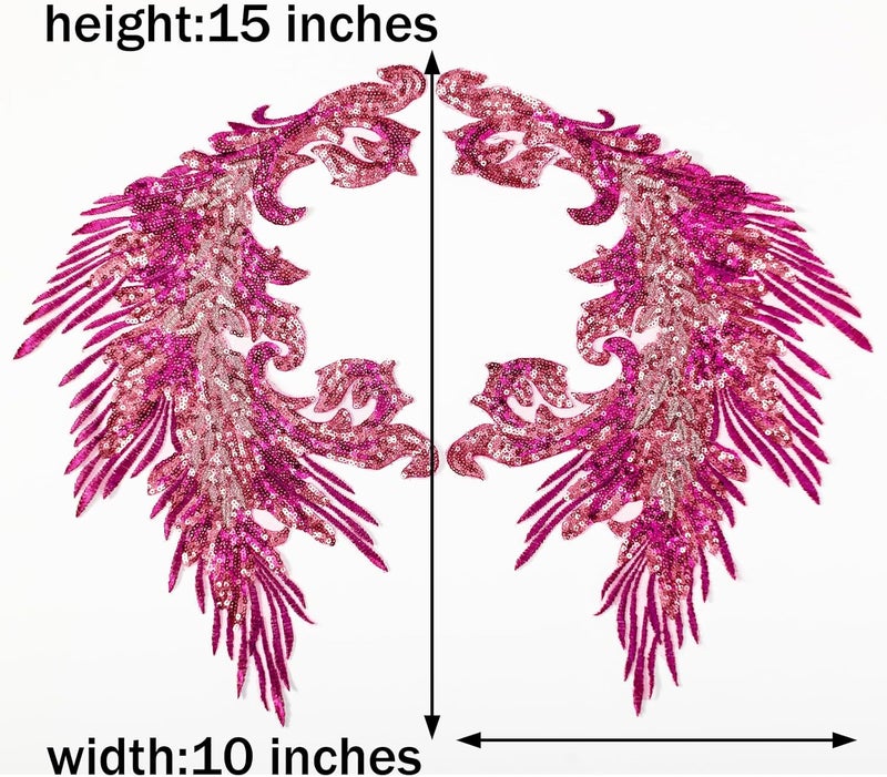 Silvora Pair Embroidery Phoenix Costume Sequin Appliques Patches, Peacock Feather Tail Applique Embellishments for Dance Dresses,Clothes,T-Shirt，Neckline Bodice Pants (Rose red) - Image 3